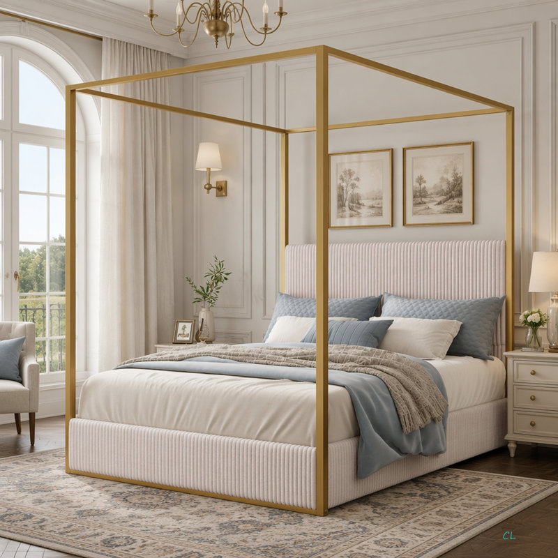 Lit à baldaquin en métal de luxe moderne avec tête de lit tapissier haute en velours côtelé et grand lit à baldaquin, aucun sommier nécessaire, grand