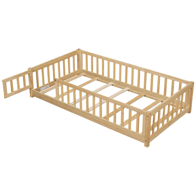 Finka Kids Floor Platforms Bed With Fence and Door, Twin, Natural