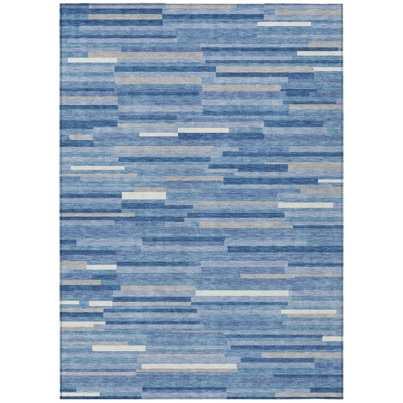 3' X 5' Sky Blue Gray And Ivory Striped Washable Indoor Outdoor Area Rug