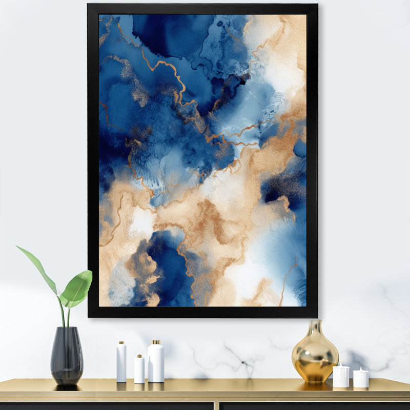 Bleu et nuages de marbre dorés, Cadre simple noir, H 20 po x l 12 po x P 1 po