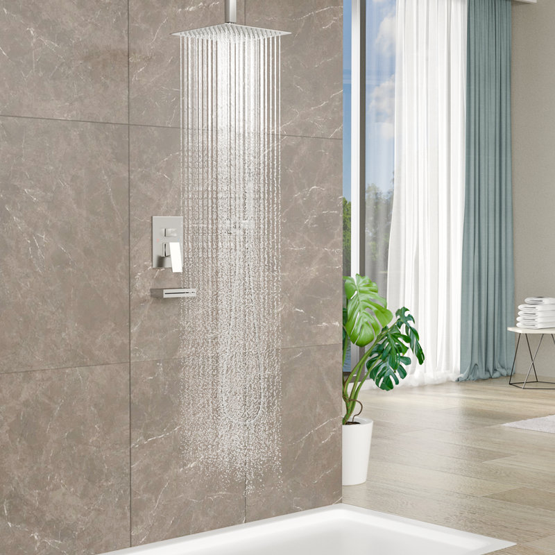 12" Stainless Steel Shower Head System with Waterfall Spout Faucet, include Rough-In Valve, Brushed Nickel