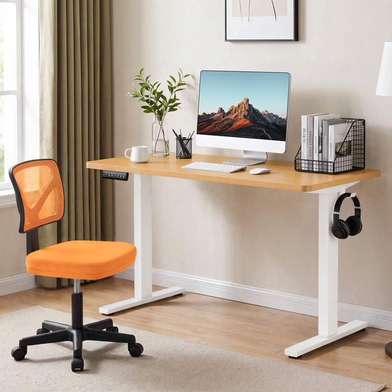 Ensemble de bureau: chaise de bureau en filet et bureau électrique, Bois naturel / blanc