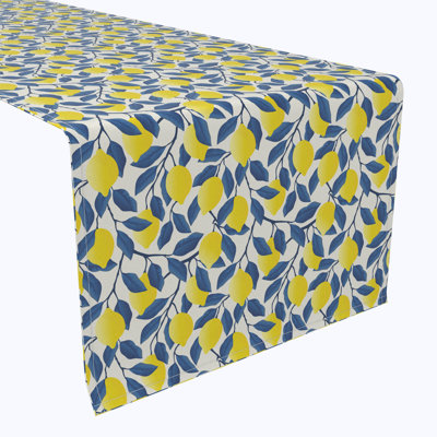 Table Runner, 100% Cotton, 16X108", Lemon Tree With Blue Leaves