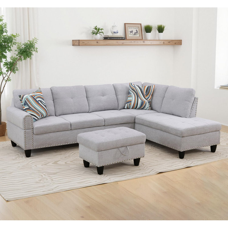 3 - Piece Upholstery Sectional, White Grey Linen, Right Hand Facing