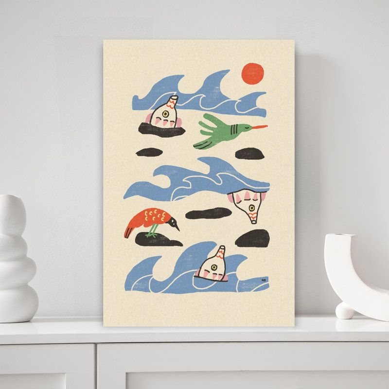 Whimsical Ocean Creatures Abstract Whimsical Contemporary Bird Whale Coastal Nature Wall Art Print 1 Piece Wrapped Canvas Wall Art