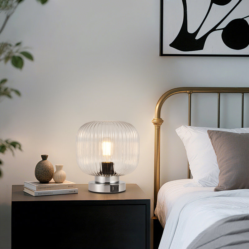 Touch Control Table Lamp With USB-C And USB-A Charging Ports, Glass Shade, Clear, Chrome