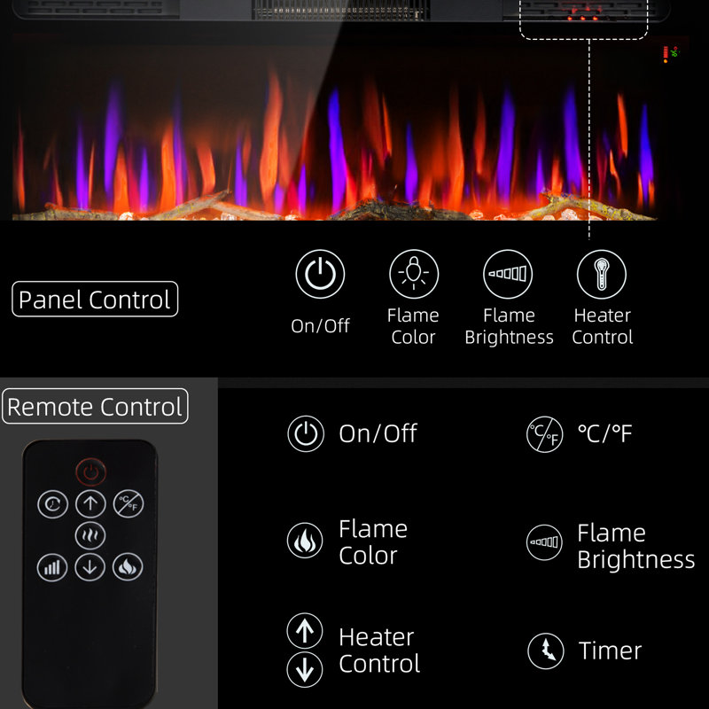 Wall Mounted 40" Electric Fireplace: 1500W Heater With Remote, Adjustable Flame Color, Log & Crystal, 8H Timer, Black Steel Fireplace 40": Heater, Color And Brightness,