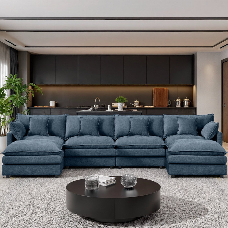 130.7" Chenille U-Sectional – Modular Cloud Seats, 2 Movable Ottomans, DIY U/L/Sleeper Layouts, Vacuum-Flat Packs, Blue