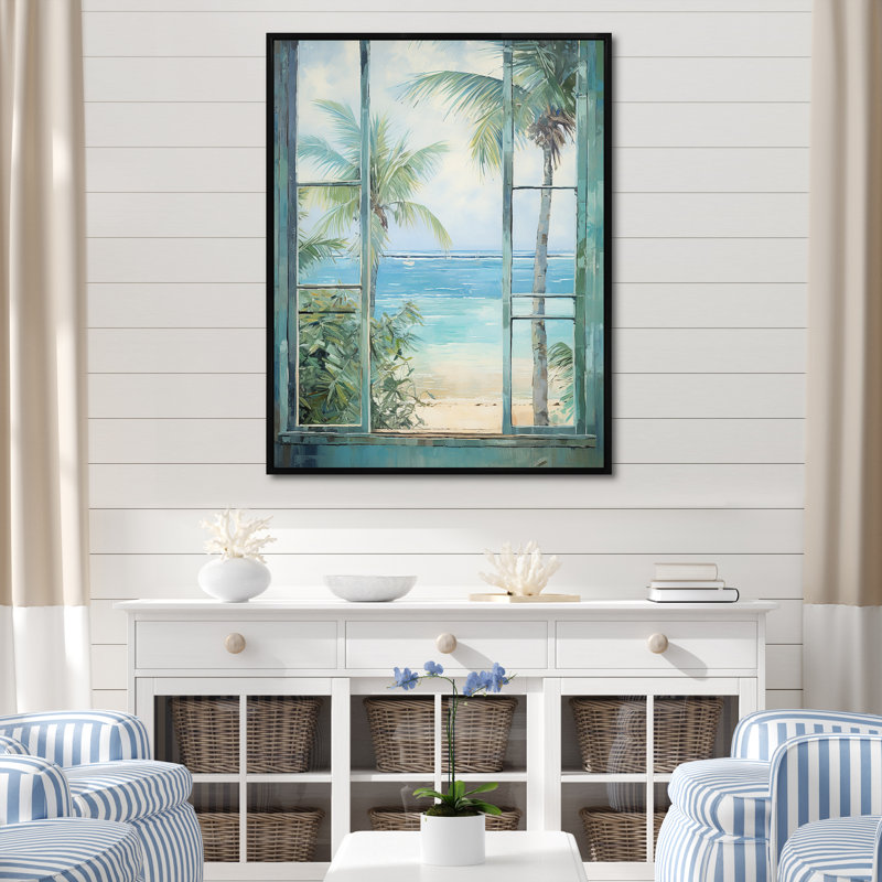 «Tropical beach Windows horizon I» - Impression sur toile côtières, Cadre flottant noir, H 40 po x l 30 po x P 1,5 po
