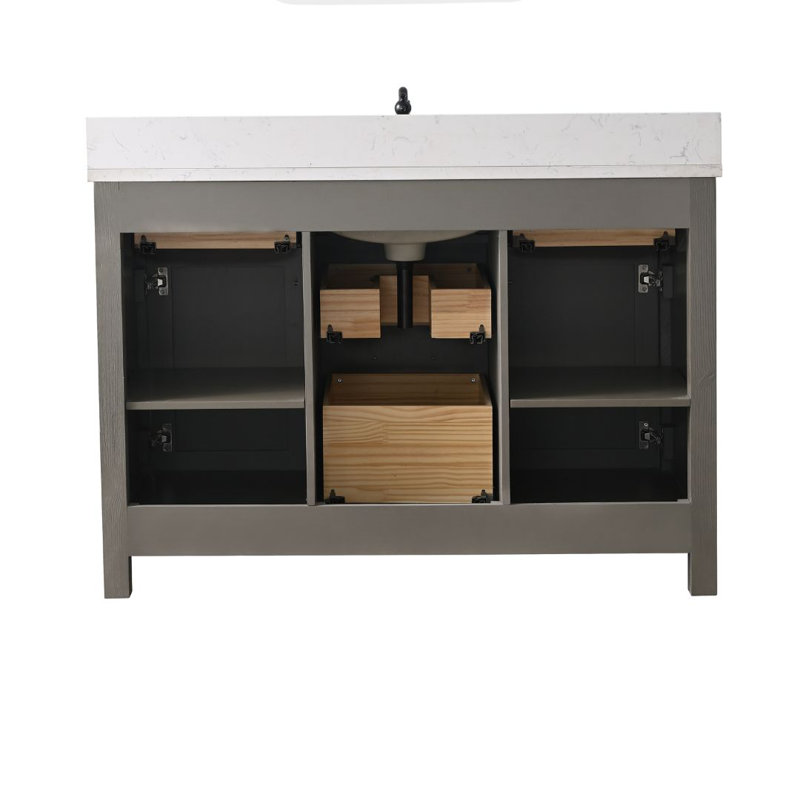 Meuble-lavabo simple 48 po Ajiya, Gris texturé / noir mat, Blanc de Carrare