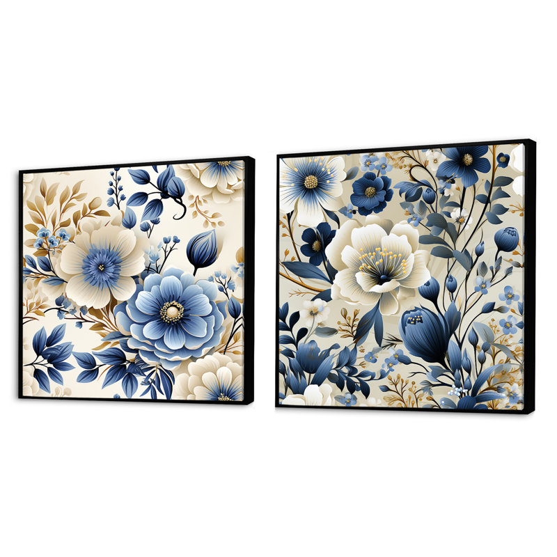 Chatsworth - Ensemble de 2 collages carrés floraux, Cadre flottant noir, H 16 po x l 33 po