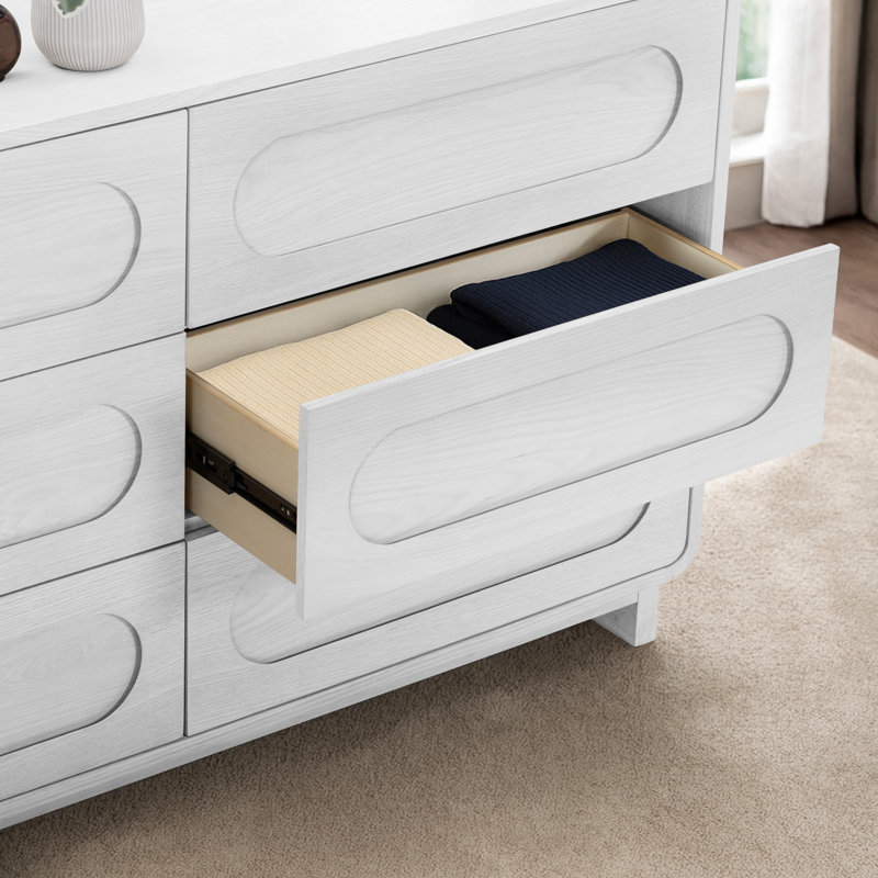 Tenley Solid Wood Push-to-Open 6-Drawer Dresser with Recessed Channel Design For Bedroom Storage, White