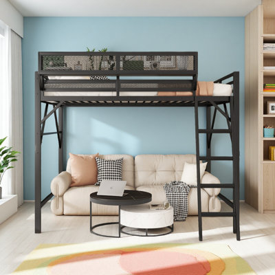 Lit mezzanine avec échelle, lit mezzanine en métal avec tablettes de rangement, lit mezzanine haut pour enfants adolescents,