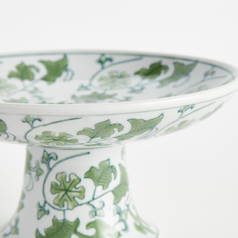 Celadon Ceramic Chinoiserie Green and White Imperial Foliage Compote Small, Small