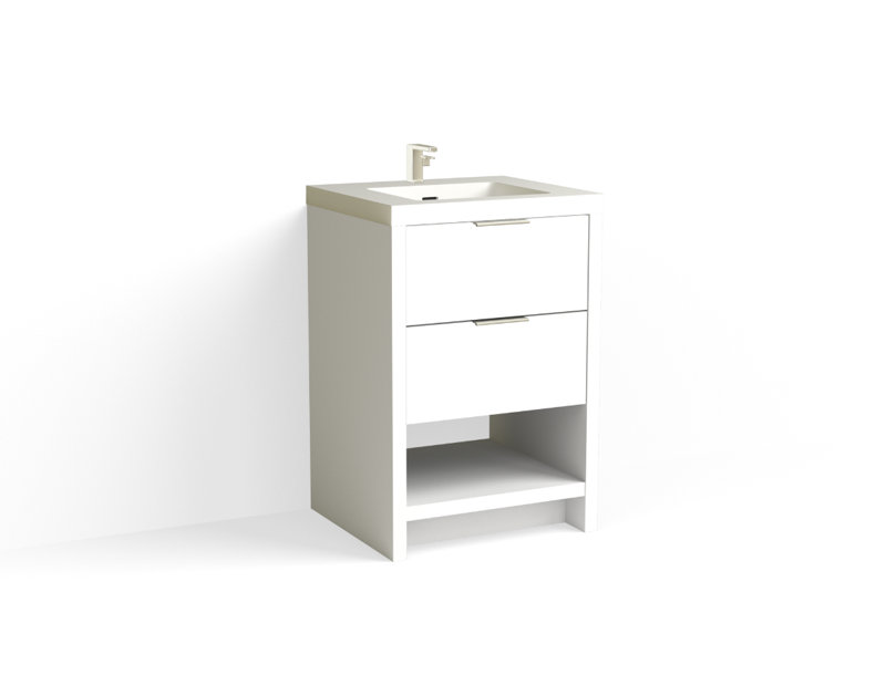 Vue 24" W Freestanding Single Bathroom Vanity, Matte White/Single, Polished Nickel, White Nanomatte