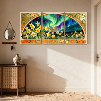 Northern Lights and Daffodils Art Deco Set of 3 Canvas Wall Art Prints