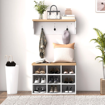 2-in-1 Coat Rack Shoe Bench Set, 9 Pair Shoe Storage Cabinet Rack with Hall Tree, Modern Entryway, Hallway, Mudroom, Bedroom Organizer, White