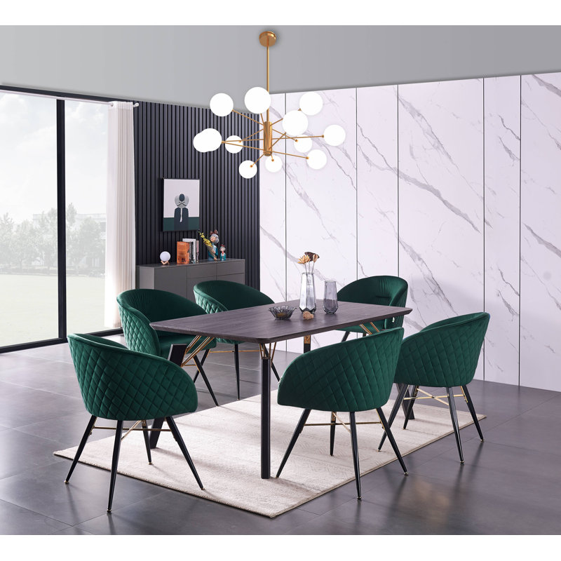 Goddard 6 Person Dining set - a Rectangular Wooden Dining Table with Metal Legs and a Set of 6 Quilted Velvet Dining Chairs for Dining Room - Modern Dining Table Set