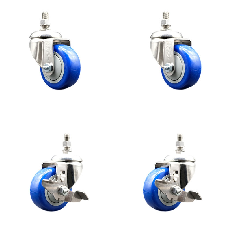 3.5 Inch 316SS Blue Polyurethane Swivel 12mm Stem Caster Set 2 Brake SCC