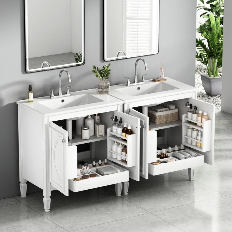 Meuble-lavabo de 60 po avec lavabo double, bois massif et construction, métal céramique imperméable, rangement réglable, charnières à fermeture en douceur, style rétro