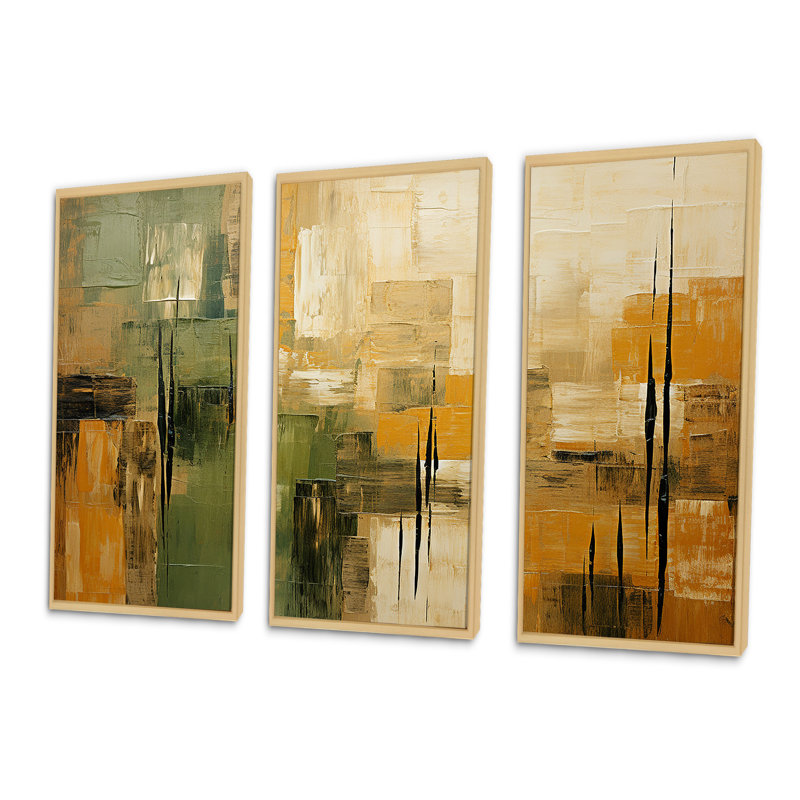 «Green Beige Wild Essence Collage I», art mural tachisme, H 32 po x l 48 po x P 1 po, Cadre flottant érable