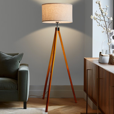Eden 58 in. 3-Way Dimming LED Wooden Tripod Floor Lamp with Beige Fabric Drum Shade
