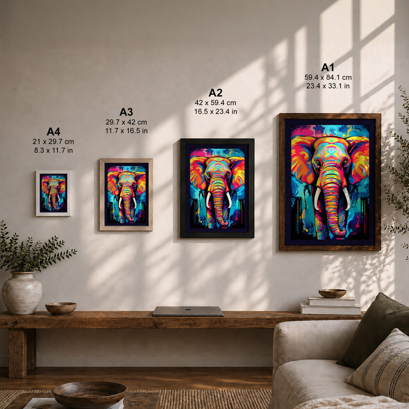 Neon Elephant Street Art 1 Piece Single Picture Frame Wall Art, A3 - 42.0 x 29.7 cm, White