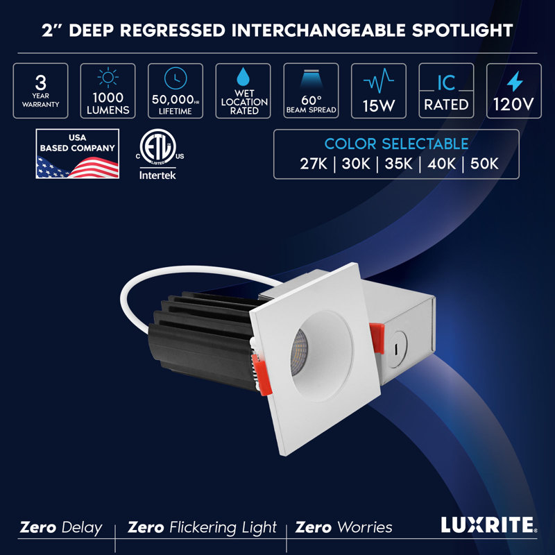 LUXRITE 2 In. LED Recessed Light, Deep Regressed Canless Light, Round White & Square White Interchangeable Trim, 5CCT, 1000LM, 15W, Dimmable 4 Pack