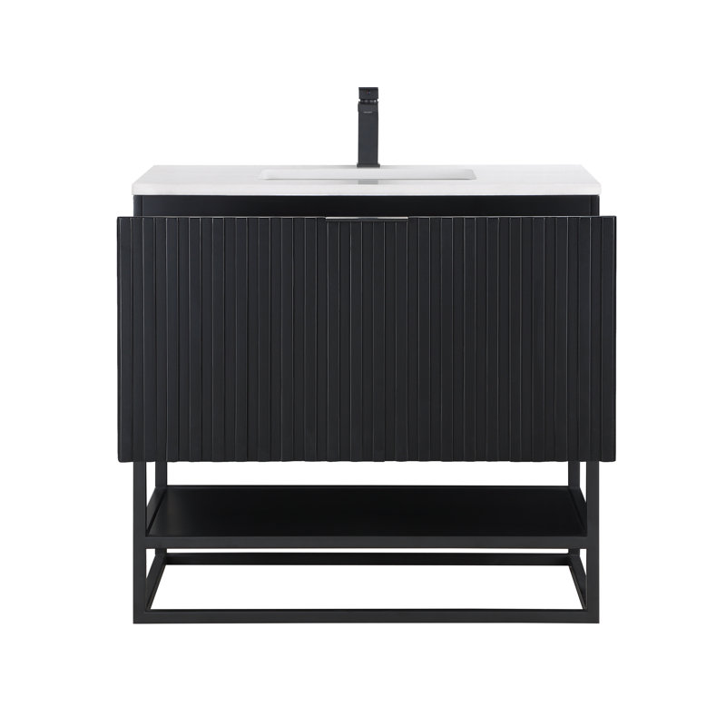 Terra 36'' W Single Vanity, White Quartz/Single Faucet Mount, Midnight Black, Matte Black