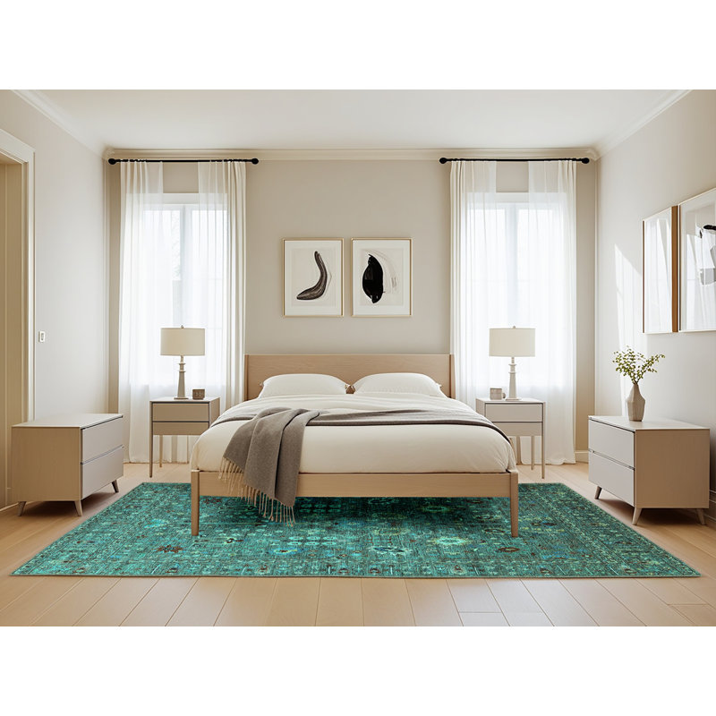 Tapis bleu sarcelle tissé à la machine, Rectangle 5 pi x 8 pi