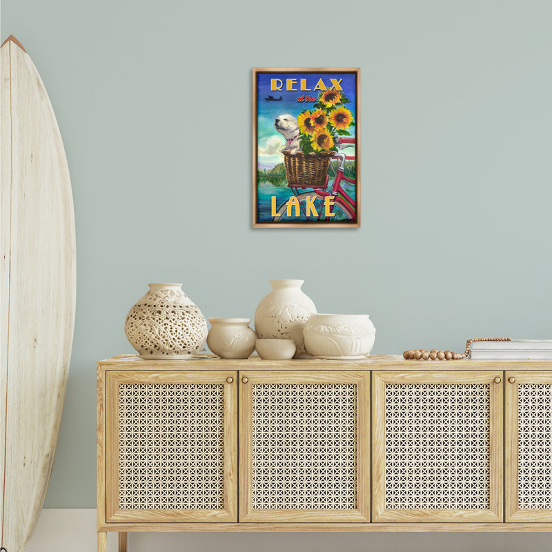 Dog in Bicycle Basket Framed Floater Canvas by Geoff Allen, 25" H x 17" W, Brown Floater Frame