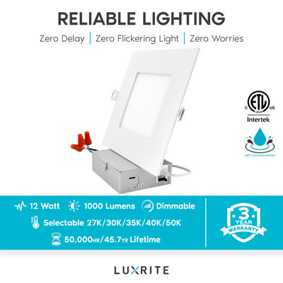 6"  Ultra Thin Square LED Recessed Lighting 5 Colour Temperature Options Dimmable 12W IC Rated Wet Rated Canless ETL Listed 4 Pack