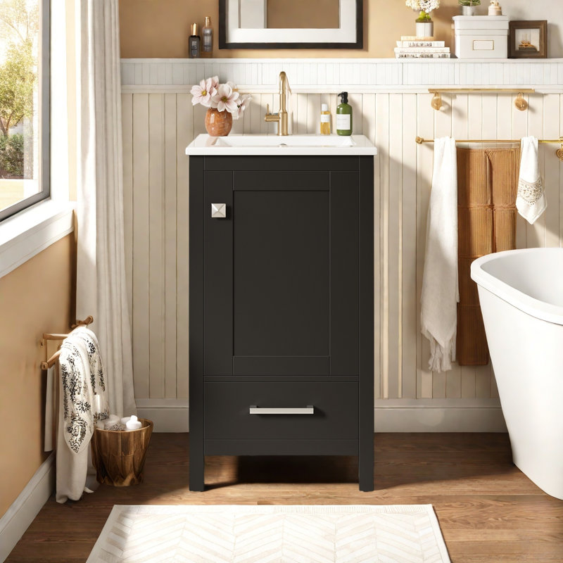 Meuble-lavabo moderne de 18 pouces avec lavabo en céramique, tiroirs à fermeture en douceur et organisateur de porte, tiroir séparateur
