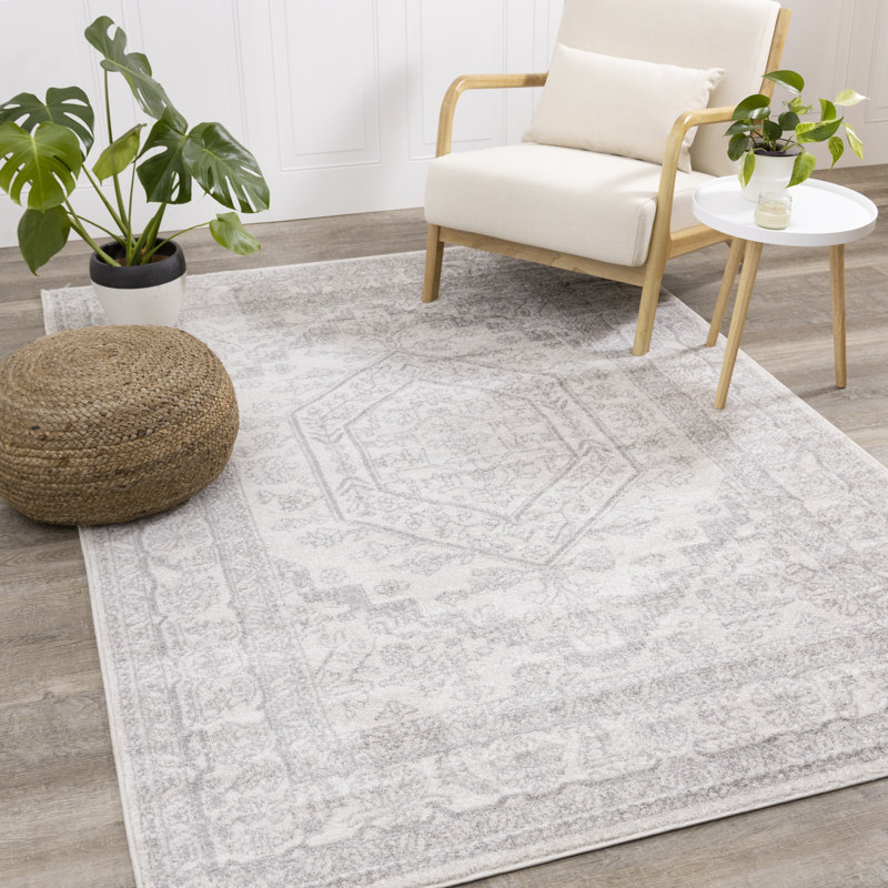 Vanille Oriental White Grey Traditional Area Rug, Rectangle 6'7'' x 9'6''