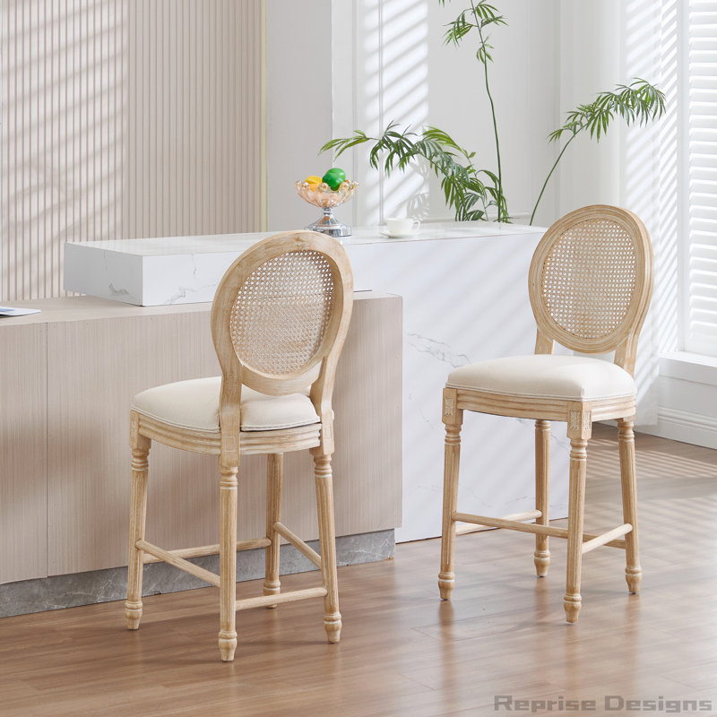 French Country Upholstered Dining Chairs with Nature Rattan Round Back, Set of 2