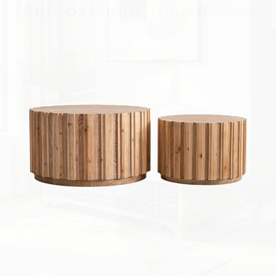 Round Nesting Coffee Table Set of 2, Walnut Wood Accent Tables with Vertical Slatted Body, Rustic Farmhouse Side Tables for Living Room