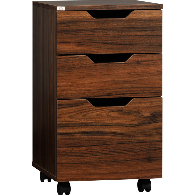 3 Drawer Cabinet For Office, Brown Wood Grain, Smooth Rolling Wheels Office Cabinet, , Grain Finish, Enhance Appearance