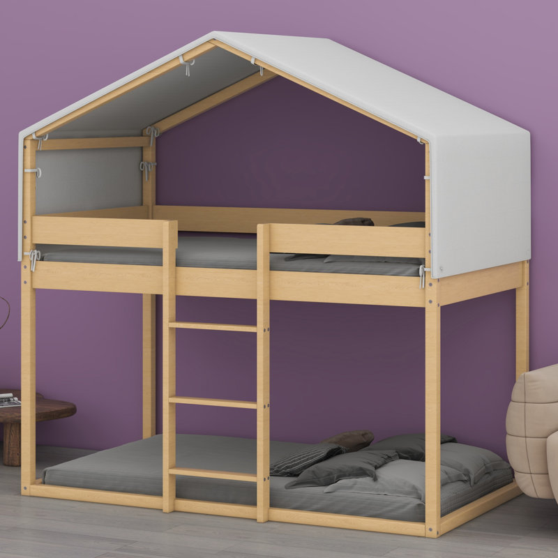 House-Shaped Bunk Bed Wood Frame With Tent, Natural