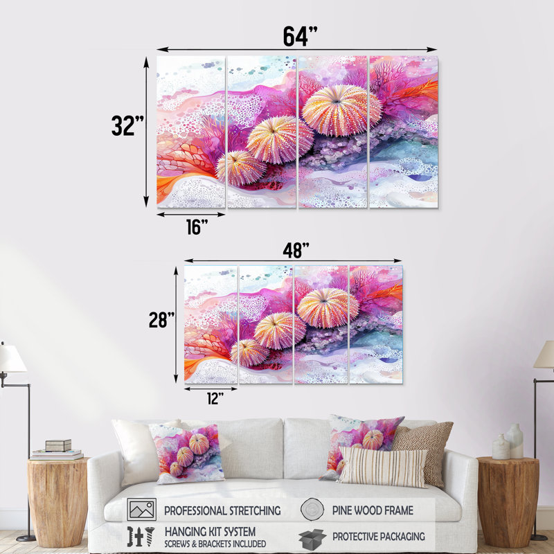 Oursin en parade I - Art mural oursin - ensemble d'art mural moderne, H 28 po x l 48 po, 4