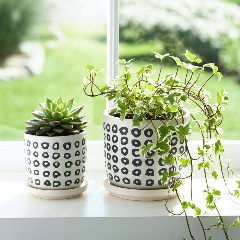 Stoneware Ceramic Saucer Planters with Drainage - Modern Decorative Plant Pots - Durable, Stylish Design for Home and Garden - Set of 2
