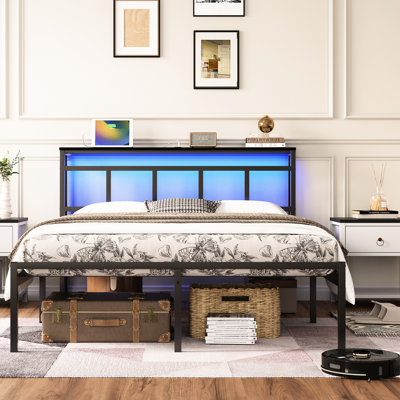 14 Inch Full Bed Frame With Black Walnut Storage Headboard, Metal Platform - C, Type C And Led , Structure For A Reliable Sleep Solution