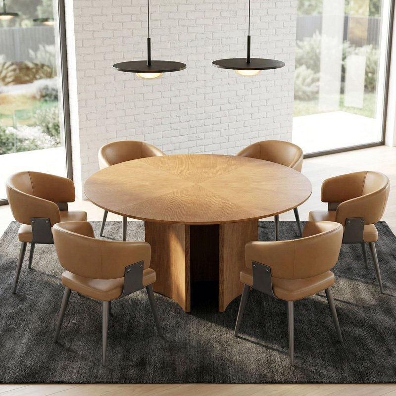 Ensemble de table de salle à manger à piédestal moderne 59,05 po et 6 chaises rembourrées - Base sculpturale - Noyer / brun clair