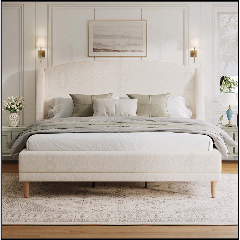 Lit plateforme tapissier avec tissu bouclé, tête de lit à oreilles et coins arrondis, blanc, Très grand