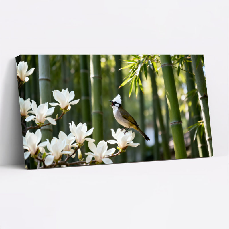 Ensemble de 1 tableau sur toile tendue représentant un magnolia et un bambou avec un oiseau, H 12 po x l 36 po