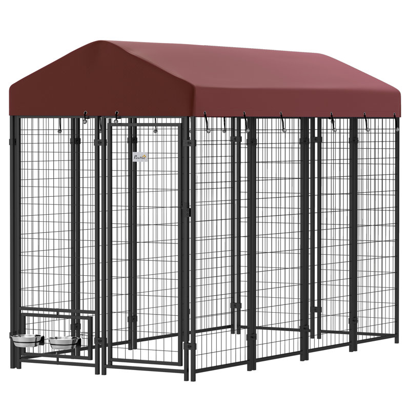 Outdoor Dog Kennel with Rotating Bowl Holders, Walk-in Pet Playpen with Waterproof Cover, 8' x 4' x 6', Red, Red