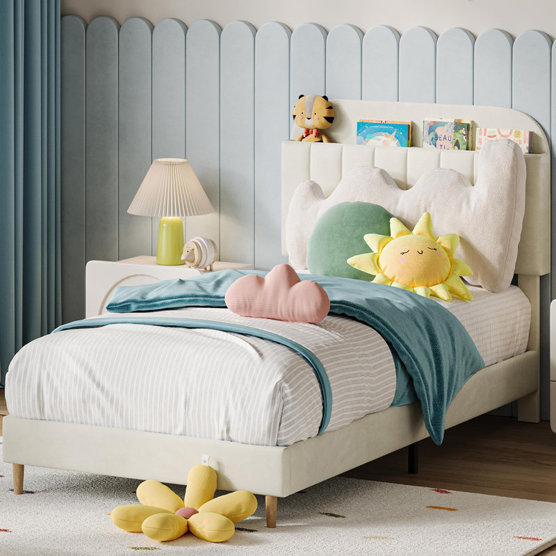 Twin XL Velvet Bed Frame with Bookcase Headboard, Heavy Duty Steel Support, Kids Upholstered Bed, Beige, Twin XL