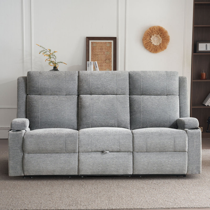 3-seater Reclining Sofa With Cup Holders & Storage Drawer – Soft Chenille Fabric, Gray