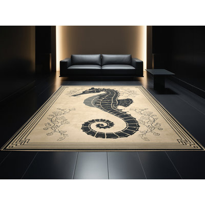 Machine Washable Pavnesh Seahorse Classic Oriental Rug in Beige – Beige Binding
