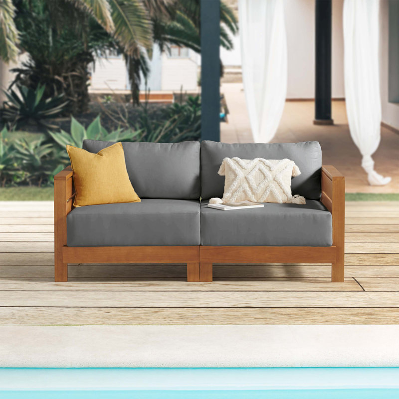 Barton Outdoor Patio Loveseat - Weather-Resistant Eucalyptus Wood Outdoor Loveseat with Thick Gray Cushions - 2 Seater Patio Sofa for Garden, Porch, Deck, or Poolside (Natural)