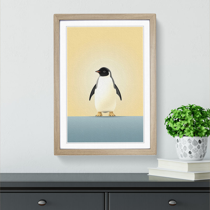 Penguin Minimalism No.4 - Single Picture Frame Print on Wood, Oak Framed, 64cm H x 46cm W x 2cm D
